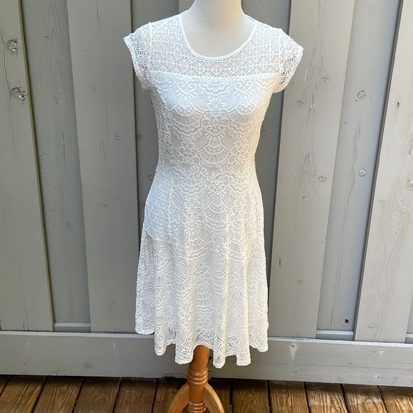 NY Collection Petite Lace Capped Sleeve Midi A-Line Dress Size PM - Picture 1 of 11